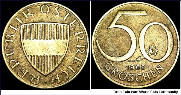 Austria - 50 Groschen - 1968 - Weight 3,0 gr - Aluminum / Bronze - President / Franz Jonas (1965-74) - Obverse Designer / Hans Köttenstorfer - Reverse Designe / Ferdinand Welz - Mintage 7 741 000 - Edge : Reeded - Reference KM# 2885 (1959-2000)