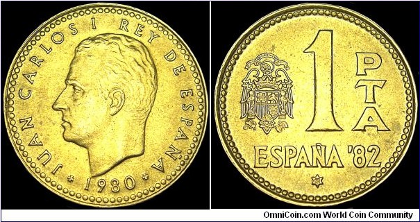 Spain - 1 Peseta - 1980 (1981) The actual year of production of this coin is 1981 - Weight 3,5 gr - Aluminum / Bronze - Size 21 mm - Ruler / Juan Carlos I (1975-) - Subject / World cup soccer games - Mintage 385 000 000 - Edge : Reeded - Reference KM# 816 (1980-82)