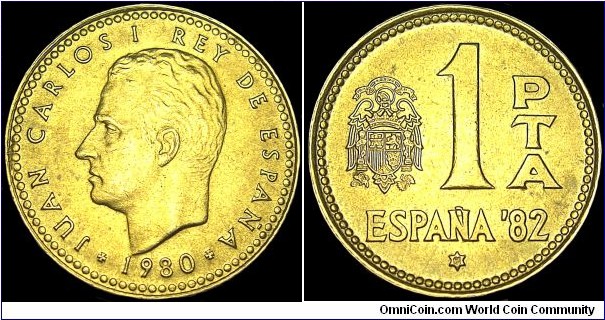Spain - 1 Peseta - 1980 (1981) The actual year of production of this coin is 1981 - Weight 3,5 gr - Aluminum / Bronze - Size 21 mm - Ruler / Juan Carlos I (1975-) - Subject / World cup soccer games - Mintage 385 000 000 - Edge : Reeded - Reference KM# 816 (1980-82)