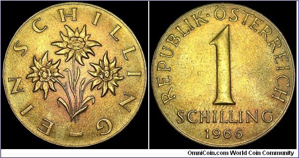 Austria - 1 Schilling - 1966 - Weight 4,2 gr - Aluminum / Bronze - Size 22,5 mm - Reverse / Edelweiss flower - President / Franz Jonas (1965-74) - Obverse Designer / Edwin Grienauer - Reverse Designer / Ferdinand Welz - Mintage 18 688 000 - Edge : Plain - Reference KM# 2886 (1959-2000)