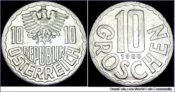 Austria - 10 Groschen - 1980 - Weight 1,1 gr - Aluminum - Size 20 mm - President / Thomas Klestil (1992-2001) - Mintage 79 848 000 - Edge : Plain - Reference KM# 2878 (1951-2000)