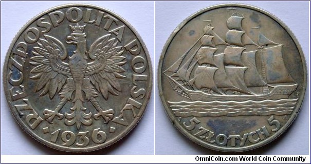 5 zlotych.
1936, 15th Anniversary of Gdynia Seaport.
Ag 750. Weight 11g.
Diameter 25mm. Reeded edge. Mintage 1.000.000 units.