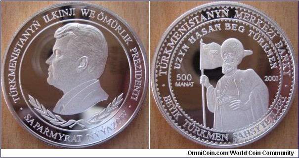 500 Manat - Uzyn Hasan Beg Turkmen - 28.28 g Ag .925 Proof - mintage 1,000 (hard to find !)