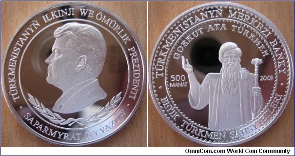 500 Manat - Gorkut Ata Turkmen - 28.28 g Ag .925 Proof - mintage 1,000 (hard to find !)