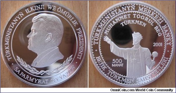 500 Manat - Muhammet Togrul Beg Turkmen - 28.28 g Ag .925 Proof - mintage 1,000 (hard to find !)