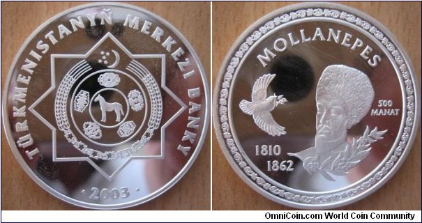 500 Manat - Mollanepes - 28.28 g Ag .925 Proof - mintage 2,000 (very hard to find !)
