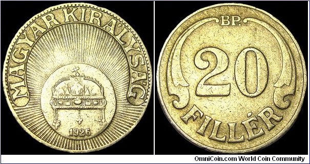 Hungary - 20 Filler - 1926 - Weight 3,9 gr - Copper / Nickel - Size 21 mm - Regent / Miklós Horthy de Magybánya (1920-44) - Mint marks : BP = Budapest - Mintage 25 000 000 - Edge : Plain - Reference KM# 508 (1926-40)