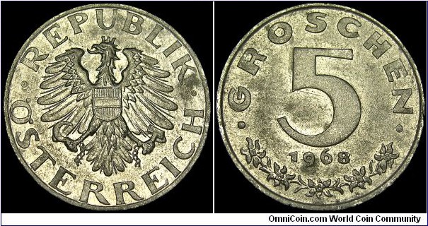 Austria - 5 Groschen - 1968 - Weight 2,5 gr - Zinc - Size 19 mm - President / Franz Jonas (1965-74) - Obverse Designer / Michael Powolny - Reverse Designer / Adolf Hofmann - Mintage 31 418 400 - Edge : Reeded - Reference KM# 2875 (1948-94)