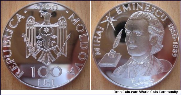 100 Lei - Mihai Eminescu - 31.1 g Ag .925 Proof - mintage 1,000 (hard to find !)