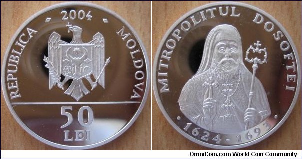 50 Lei - Metropolitan Dosoftei - 16.5 g Ag .925 Proof - mintage 500 pcs only (very hard to find !)