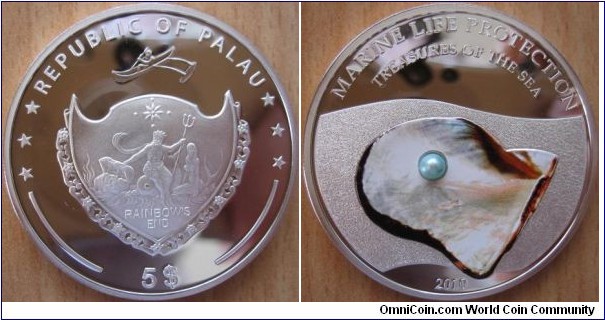 5 Dollars - Treasures of the sea : blue pearl - 25 g Ag .925 Proof (with real pearl) - mintage 2,500