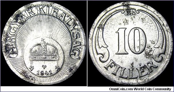 Hungary - 10 Filler - 1941 - Weight 3,1 gr - Steel - Size 20 mm - Mint mark : BP = Budapest - Mintage 24 963 000 - Edge : Plain - Reference KM# 507a (1940-42)