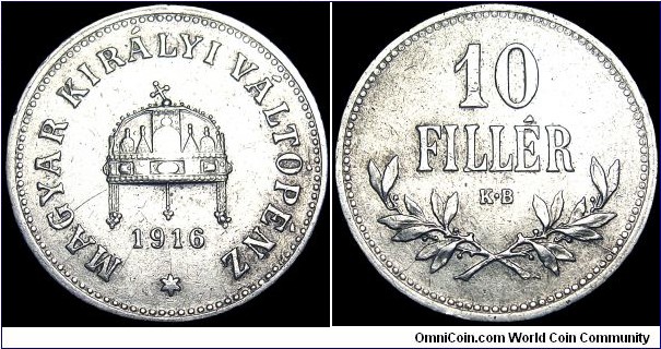Hungary - 10 Filler - 1916 - Weight 3,0 gr - Copper/Nickel/Zink - Size 19,2 mm - Thickness 1,3 mm - Alignment Medal (0°) - Ruler / Franz Joseph I (1848-1916) - Mint mark : BP = Budapest - Mintage 4 400 000 - Edge Milled - Reference KM# 494 (1914-1916)