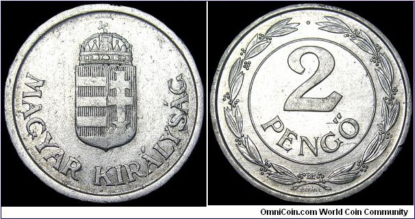 Hungary - 2 Pengo - 1943 - Weight 2,7 gr - Aluminum - Size 27 mm - Mint mark : BP = Budapest - Mintage 10 000 000 - Edge : Reeded - Reference KM# 522.1 (1941-43)