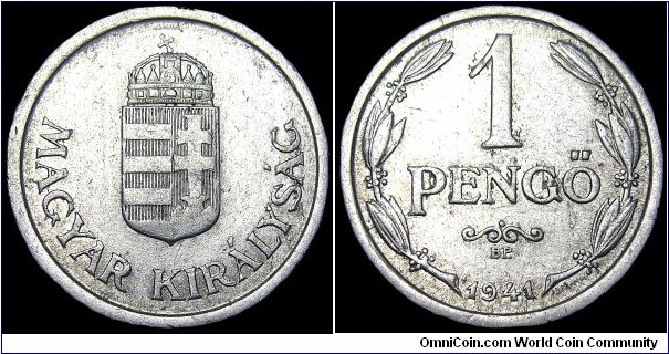 Hungary - 1 Pengo - 1941 - Weight 1,5 gr - Aluminum - Size 23,6 mm - Mint mark : BP = Budapest - Mintage 80 000 000 - Edge : Reeded - Reference KM# 521 (1941-44)