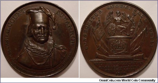 British made bronze medal commemorating Russian general Count Suwarrow's victory over the French in 1799