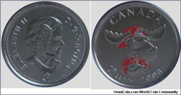 Canada, 25 cents, 2008 Canada - The Moose is Loose! nickel coloured coin