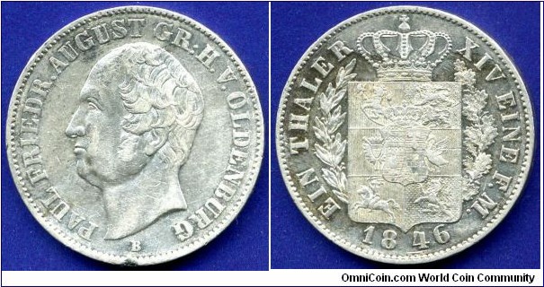 1 Thaler.
Duchy of Oldenburg.
Paul Friedrich August (1829-1853).
Edge lettering: *EIN*GOTT*EIN*RECHT*EIN*WAHRHEIT*.
*B* - Hannover mint, mintmaster Theodor Wilhelm Bruel 1844-68.
Mintage 41,755 units.


Ag750f. 22,27gr.