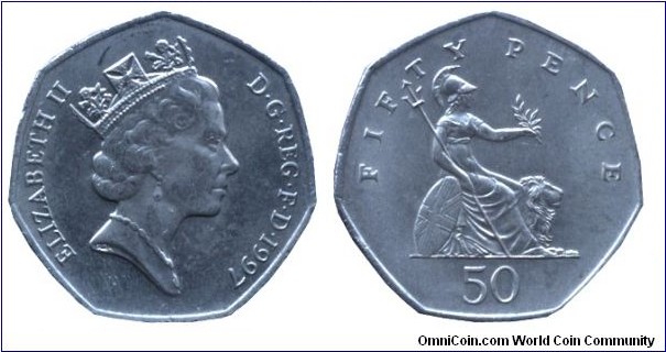 United Kingdom, 50 pence, 1997, Cu-Ni, 27.3mm, 8g, Britannia seated, Queen Elizabeth II.