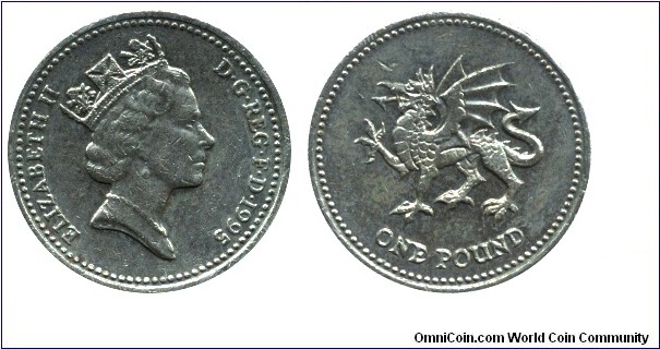 United Kingdom, 1 pound, 1995, Ni-Brass, 22.5mm, 9.5g, Dragon, Queen Elizabeth II.