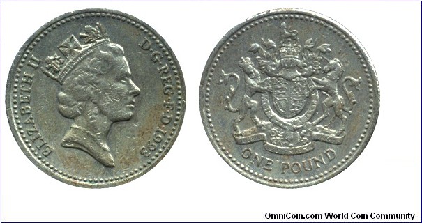 United Kingdom, 1 pound, 1993, Ni-Brass, 22.5mm, 9.5g, Royal Coat of Arms, Queen Elizabeth II.