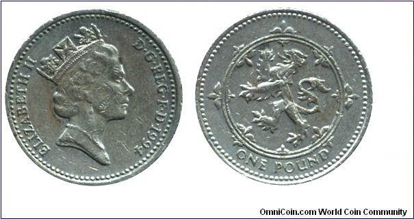 United Kingdom, 1 pound, 1994, Ni-Brass, 22.5mm, 9.5g, Scotland, Queen Elizabeth II.