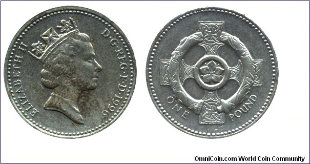 United Kingdom, 1 pound, 1996, Ni-Brass, 22.5mm, 9.5g, Celtic cross and pimpernel, representing Northern Ireland, Queen Elizabeth II.