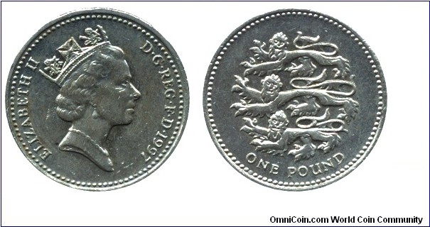 United Kingdom, 1 pound, 1997, Ni-Brass, 22.5mm, 9.5g, Three Lions of England, Queen Elizabeth II.