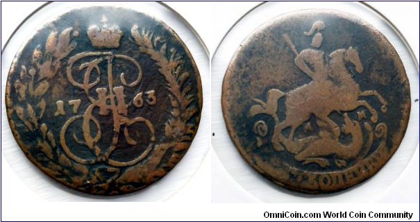 2 kopeks.Edge-netted. Moscow mint of Catherine II (the Great) overstuck
on 4 kopeks of Peter III of 1762