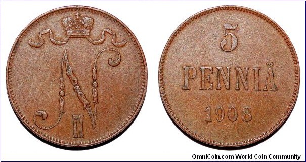 FINLAND (GRAND DUCHY)~5 Pennia 1908.