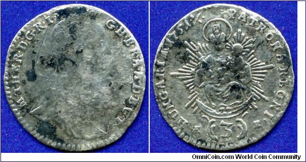 3 kreuzer.
Maria Theresia (1745-1780) Queen of Hungary.
*KB*- Kremnitz mint.


Ag344f. 1,70gr.