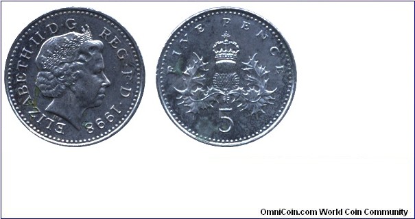 United Kingdom, 5 pence, 1998, Cu-Ni, 18mm, 3.25g, Crowned Thistle, Queen Elizabeth II.