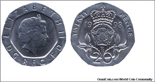 United Kingdom, 20 pence, 1998, Cu-Ni, 21.4mm, 5g, Crowned Rose, Queen Elizabeth II.