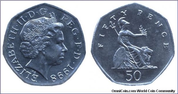 United Kingdom, 50 pence, 1998, Cu-Ni, 27.3mm, 8g, Britannia seated, Queen Elizabeth II.