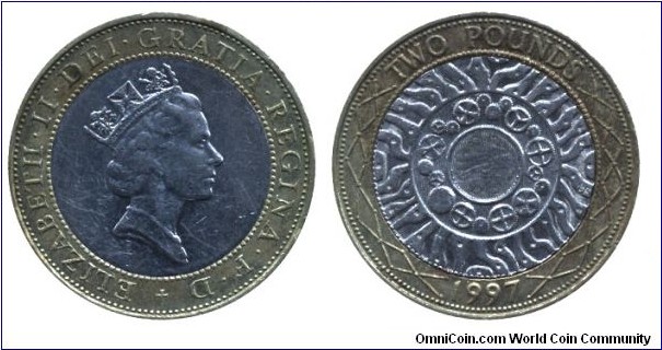 United Kingdom, 2 pounds, 1997, Ni-Brass-Cu-Ni, bi-metallic, 28.4mm, 12g, Queen Elizabeth II.