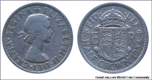 United Kingdom, 1/2 crown, 1954, Cu-Ni, 32mm, 14.1g, Queen Elizabeth II.