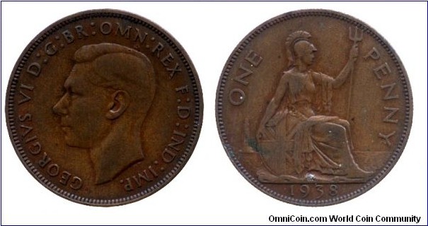 United Kingdom, 1 penny, 1938, Bronze, 31mm, 9.4g, Britannia seated, King George VI.