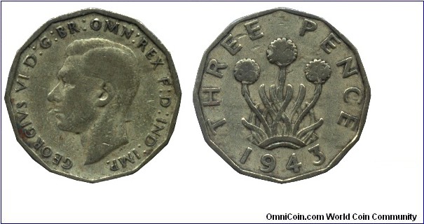 United Kingdom, 3 pence, 1943, Ni-Brass, 21mm, 6.8g, Thrift plant, King George VI.