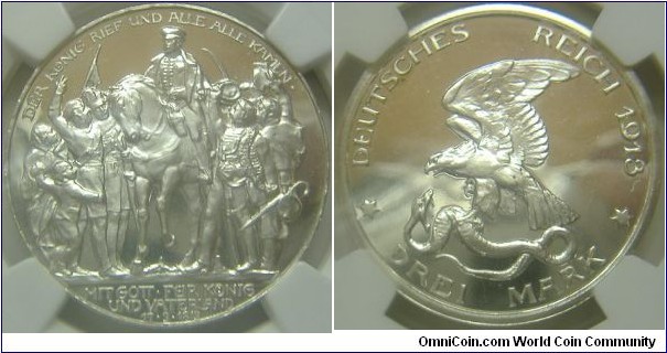 1913 proof commemorative 3 mark - Prussia. Subject: Centennial of the Prussian defeat of Napoleon. Graded PRF64 Cameo by NGC.
