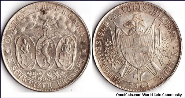 Graubunden 4 Franken issued for the Federal Shooting Festival at Chur in 1842