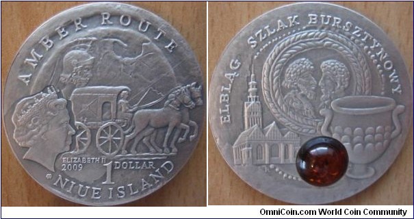 1 Dollar - Amber route : Elblag - 28.28 g Ag .925 oxidized (with piece of amber)- mintage 10,000