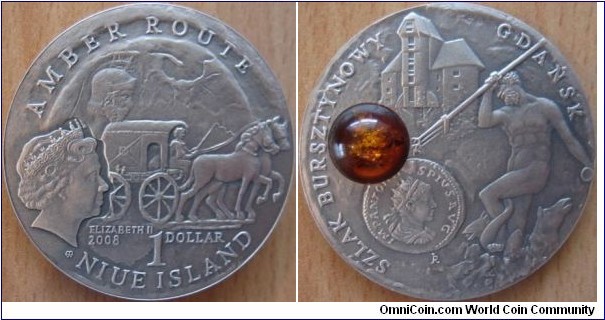 1 Dollar - Amber route : Gdansk - 28.28 g Ag .925 oxidized (with piece of amber)- mintage 10,000
