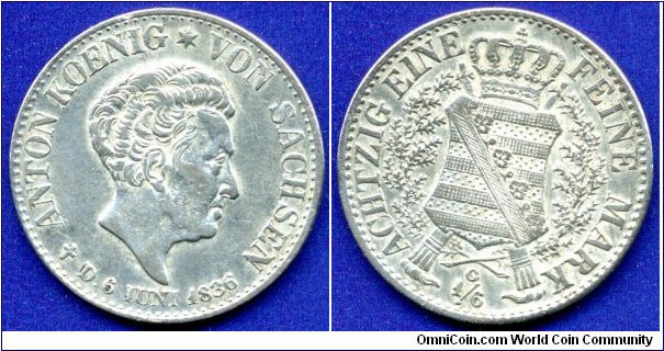 Postmorten 1/6 Thaler.
Kingdom of Saxony.
On death king Anton von Sachsen (6 june 1836).
Mintage 46,000 units.


Ag521f. 5,34gr.