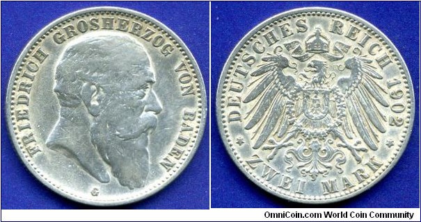 2 Mark.
German Empire.
Duchy of Baden.
Ducke Friedrich (1857-1907).
*G*- Karlsruhe mint.
Mintage 198,000 units.


Ag900f. 11,111gr.