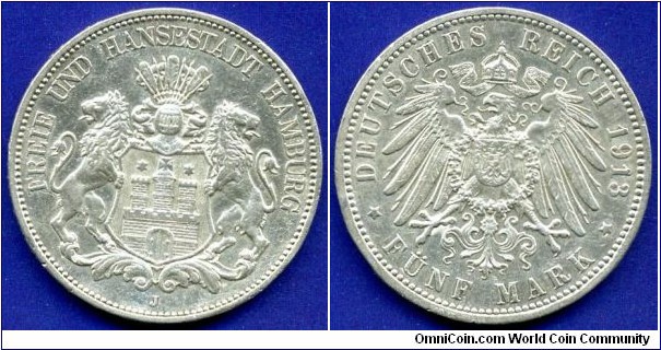 5 Mark.
German Empire.
Free city Hamburg.
*J*- Hamburg mint.
Mintage 327,000 units.


Ag900f. 27,77gr.