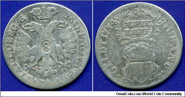 8 schilling (1/6 Thaler).
Free City Lubeck.
*JJJ*- mintmaster Johann Justus Jaster 1727-58.


Ag625f. 5,50gr.