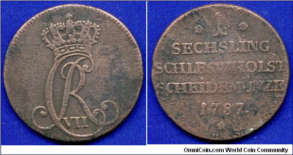 1 sechsling.
Schleswig-Holstein.
Christian VII, of Danmark (1784-1808).
*MF*- mintmaster Michael Flor.


Cu.