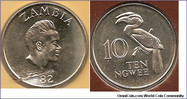 10 ngwee
Kenneth Kaunda
Crowned Hornbill
copper-nickel-zinc
designer: Norman Sillman