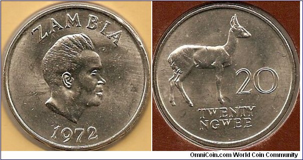 20 ngwee
Kenneth Kaunda
Bohur Reedbuck
copper-nickel
designer: Norman Sillman