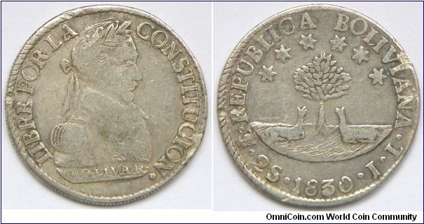 Potosi 2 Soles 1830-JL Simon Bolivar aVF